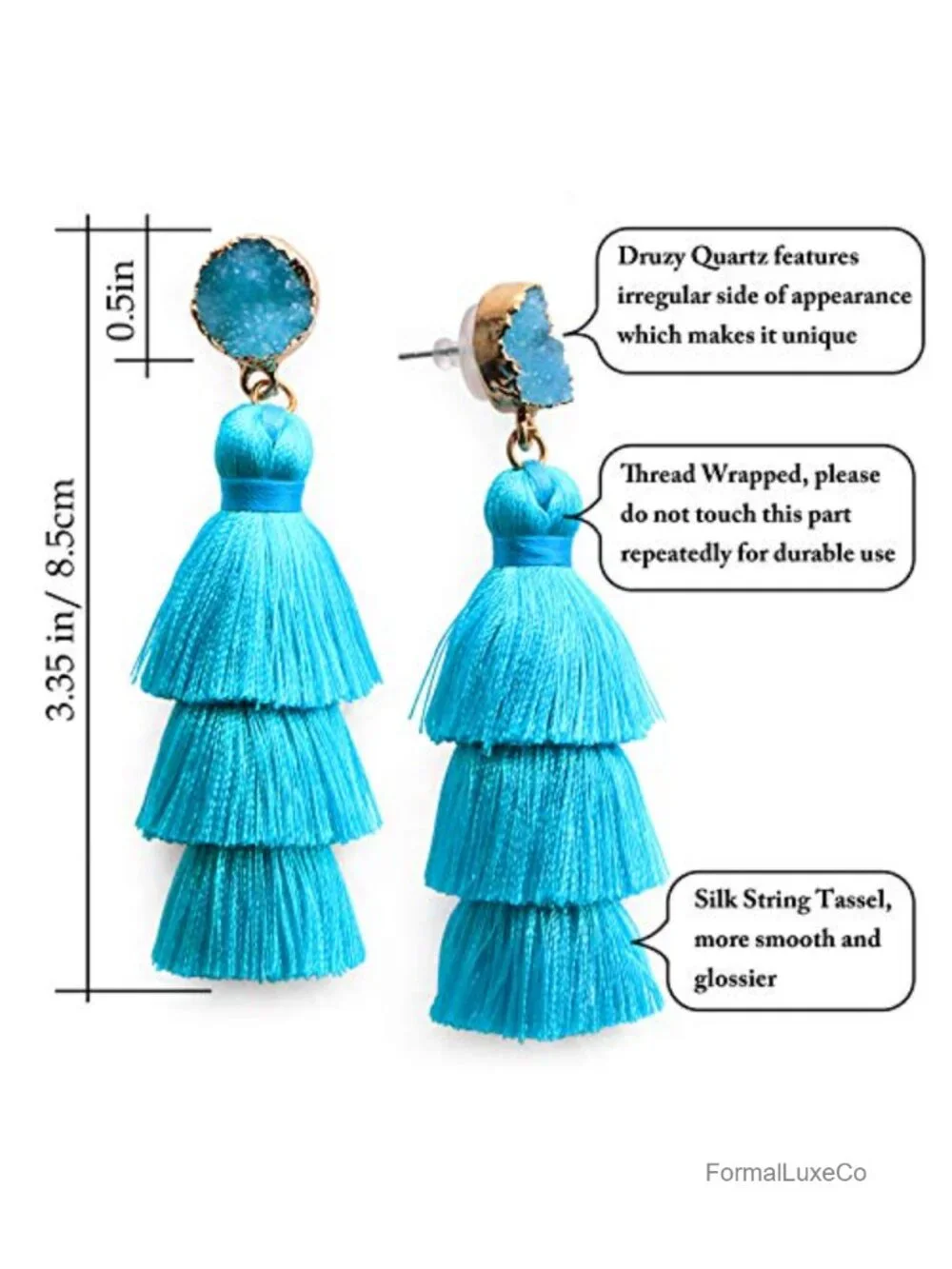 Layered Tassel Drop Earrings with Druzy Studs - Bohemian Dangle